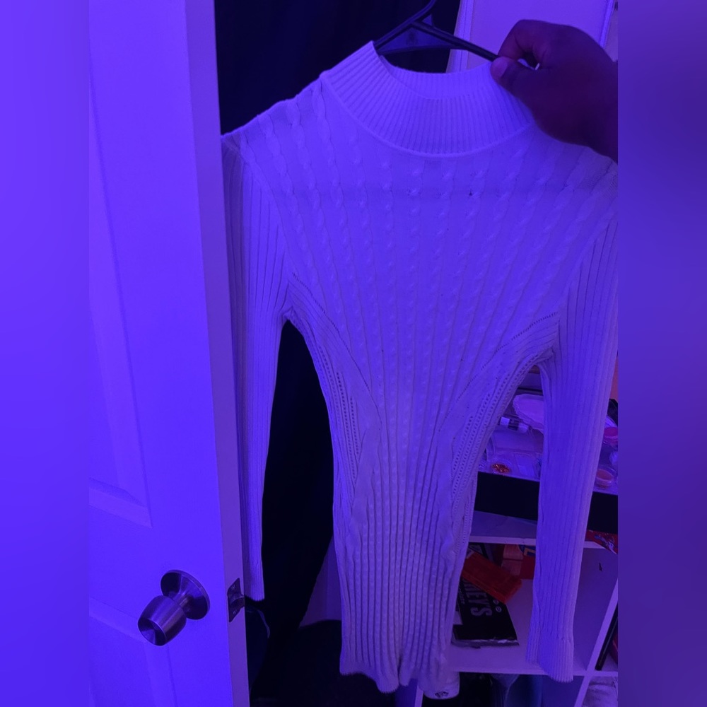 white turtleneck longsleeve fitted dress